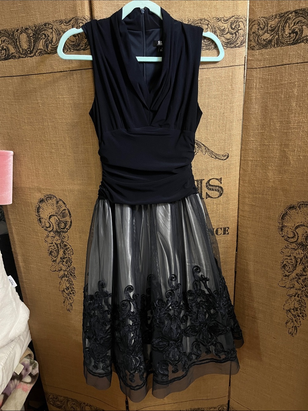 SLNY Navy Blue Party Dress with Floral Decor